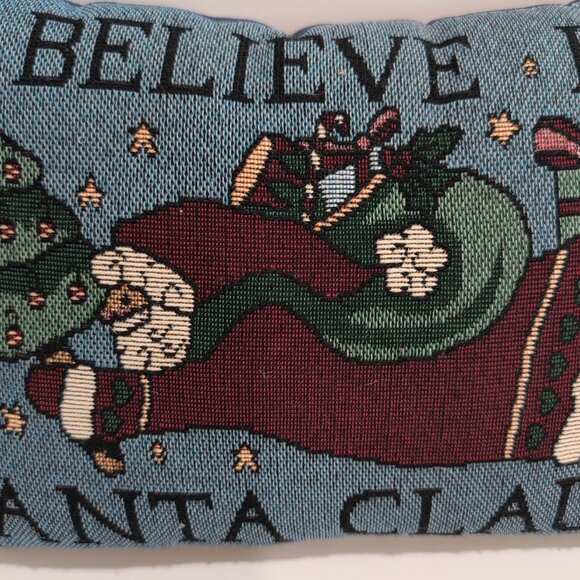 Vintage Christmas Tapestry Accent Pillow "I Believe in Santa Claus" 12"×8" Blue - Picture 3 of 5